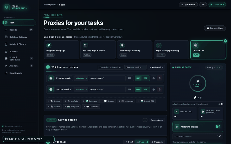 Tour of the Proxy Workbench interface, from scan setup to ranked results and proxy details
