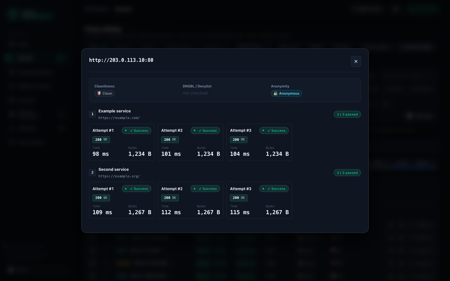 Proxy details showing individual check attempts and their outcomes