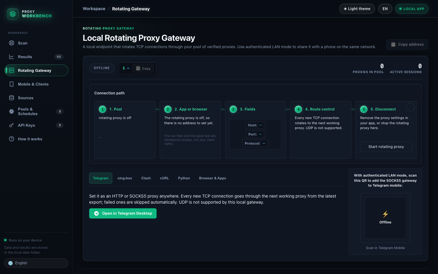 Rotating Gateway screen with connection status and client setup options