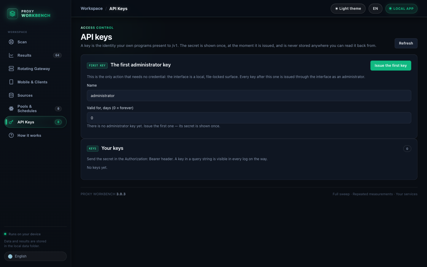 API Keys screen with scoped permissions and key management